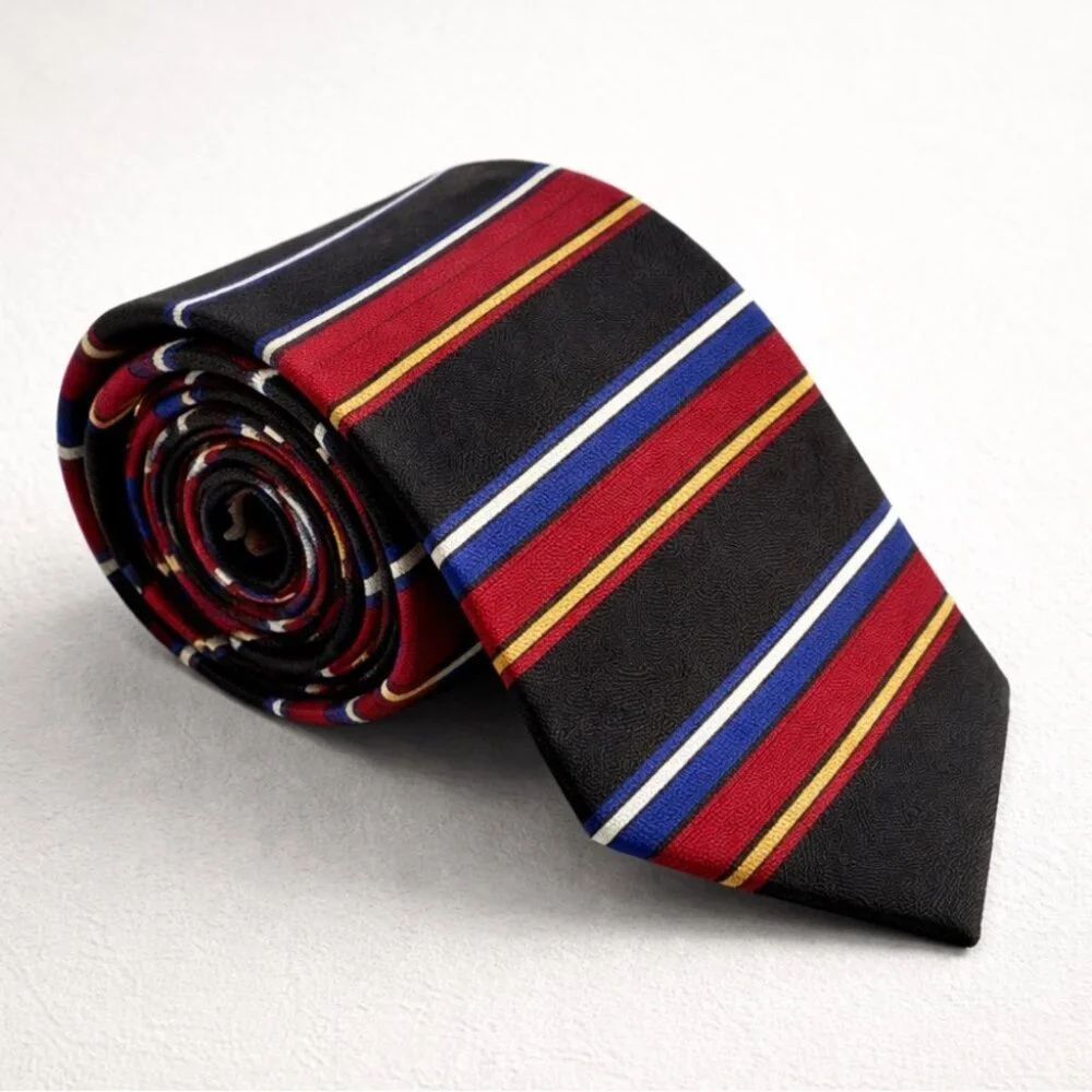 VTG Oscar de la Renta Striped Black Tie with Red and Blue Accents Textured